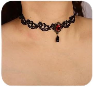 Missgrace Women Vinatge Simple Boho Punk Black Red Crystal Tassels Teardrop Bead Lace Choker Necklace Accessories Halloween Gothic Punk Black Crystal Necklace for Women