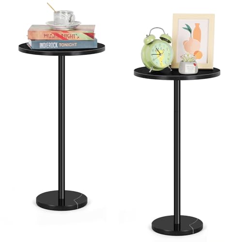 Smusei Kleiner Schwarzer Beistelltisch - Runder Couchtisch Mit Marmorsockel für Wohnzimmer Schlafzimmer, 32CM, Sofa-Tisch für Kleine Plätze, Schwarz 2er-Set