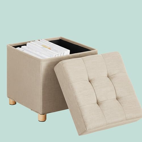 Tabouret de rangement en lin beige Relaxdays aux finitions bois