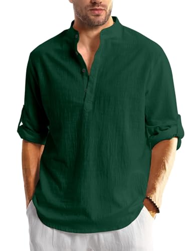 Image of Men's Cotton Blend Straight Kurta Shirt with Mandarin Collar - Slim Fit Casual Short Kurti Featuring Textured Slub Fabric and Roll-Up Full Sleeves