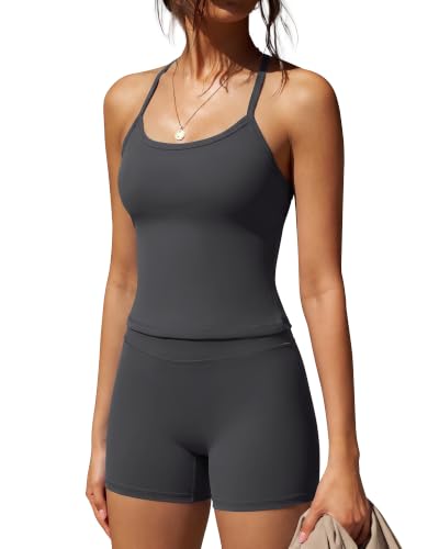 Image of SUUKSESS Women 2 Piece Workout Sets High Waisted Tummy Control Biker Shorts Halter Padded Tank Tops