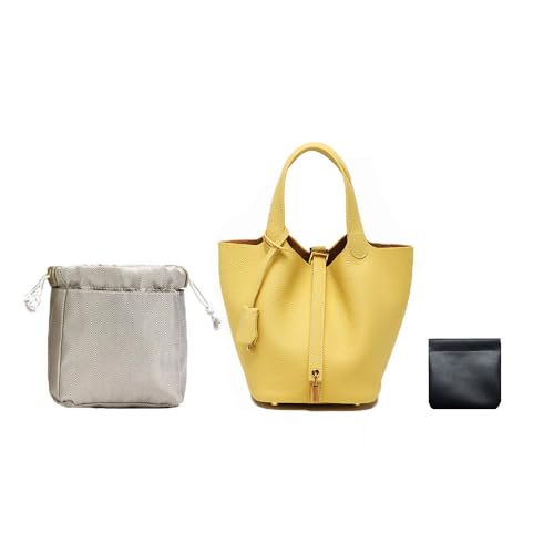 Trumpet Women's Handbag, Genuine Leather Lock Design Bucket Bag Vegetable Basket, Leather Lychee Pattern2025