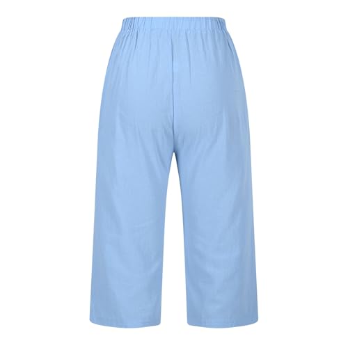Women's Cotton Linen Capris Pant High Elastic Drawstring Sport Sweatpant Straight Wide Leg Trouser Vacation Pants3