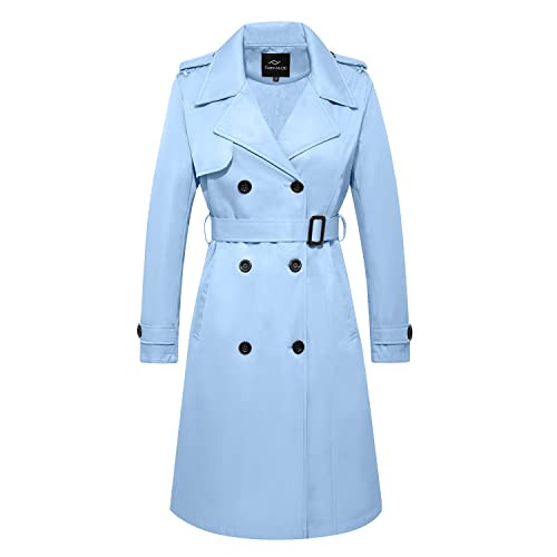 Farvalue Women's Long Trenchcoat Double Breasted Trench Coat Water Resistant Classic Peacoat With Belt Blue Medium #TOP27