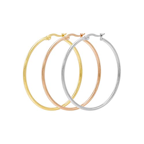 Urban Accessories NYC 3 Pairs stainless steel Hoops earnings, in Gold plated & Rose Gold Plated and Silver for women, girls - 40 MM