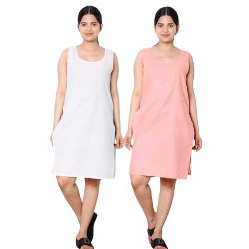 Image of KASANI Women's Camisole Cotton Long Knee-Length Sameej /Slip /Inner, Sleeveless, Pack of 2