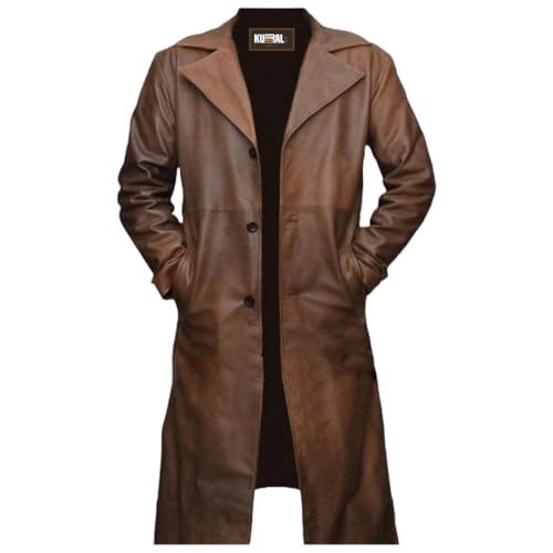 Classic Brown Long Coat Vintage Style, Men's Faux Leather Trench Coat, Western Style Trench Mens Coat