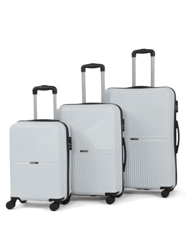 Image of Teakwood Set of 3 8 Wheels Trolley Bag, Hard Cabin with Zipper Closure, Adjustable Push Button & Cross Side Strap, Number Lock System 360 Degree (Set of 3, Silver)