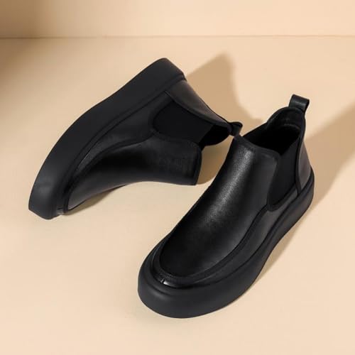 Men's Leather Platform Chelsea Boots Round Toe Comfortable Fur Lined Elastic Slip-On Casual Ankle Boots Mid-Top Business Work Dress Booties2