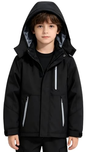 KVE Boys Waterproof Ski Jacket Windproof Thick Insulated Winter Hooded Coat Warm Outdoor Snow Sport Rain Jacket for Kids Black1 8-9