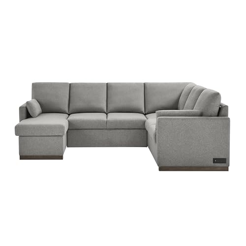 Image of Serta Emmett 110.2 inch Convertible Sleeper Sectional, Queen Size, Dreamcoil Comfort, Reversible Storage Chaise, USB-C and USB-A Power Ports, Woven Fabric, Light Grey