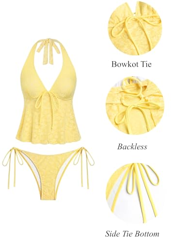 Image of ZAFUL Women's V Neck Textured Knot Tie Ruffle Trim Tankini Swimsuits | Back Self Tie, Sexy Plunging Neck, Relaxed Tummy Control Tank Top, Tie Side Cheeky Bikini Bottom, 2 Piece Bathing Suit