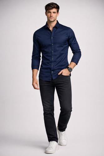 Image of Men's Slim Fit Long Sleeve Button-Down Shirt, Casual Formal Style with Chest Pocket