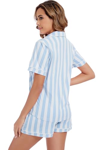 Image of LUBOT 100% Cotton Pajamas for Women 2 Piece PJ Set Button-Down Soft Knit Short Sleeve Summer Sleepwear Loungewear XS-XXL