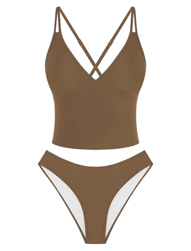 Image of ZAFUL Tankini Swimsuits for Women V Neck Dual Straps Cropped Bikini Swimsuit High Cut 2 Pieces Bathing Suit