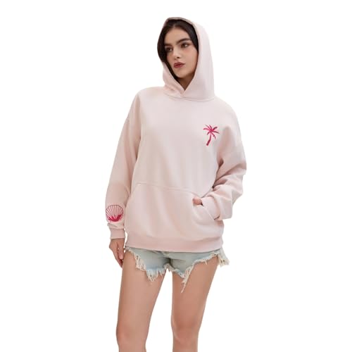 TUETENI Pink Palm Puff Hoodie Teen Girls Cute Hoodie Hibiscus Flower Embroidery Pattern Pullover(Small)