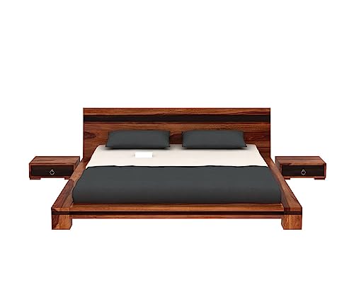 Image of Solid Shesham Wood Wooden Queen Size Bed Without Storage for Living Room & Bedroom (Queen, Honey Finish)