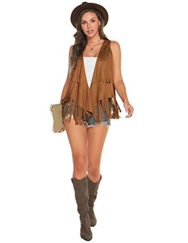Zeagoo Women's Fringe Vest 70S Outfits For Women Hippie Faux Suede Fringe Jacket Fashion Vest Festival Clothing Brown L #TOP5