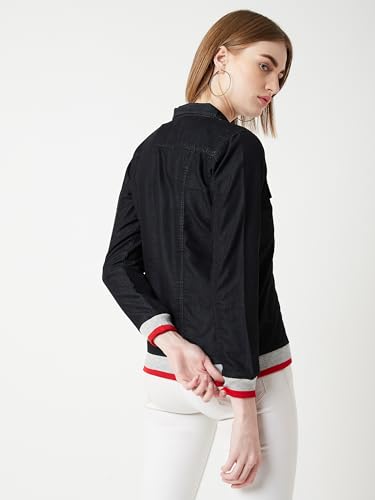 Image of Miss Chase Women's Polo Neck Full Sleeves Patch Pocket Denim Overcoat Knee-Length Jacket