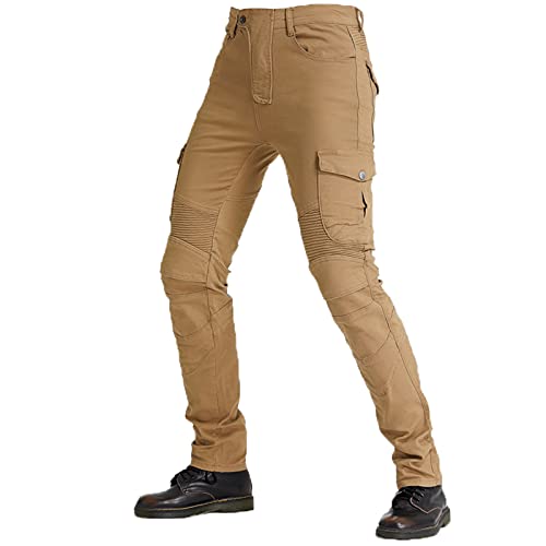 KaloKLU - Pantalones de protección de moto para hombre, fabricados con tejido Kevlar, de mezclilla transpirable, forrado, reforzado, extraíble, acolchado blindado, caqui, L