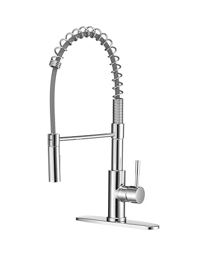 Image of Dura Faucet DF-MK504SLK-CP RV Swivel High-Arc Spring Kitchen Sink Faucet - Single Handle - Kitchen Faucet with Pull-Down Sprayer - Optional Deck Plate (Chrome)