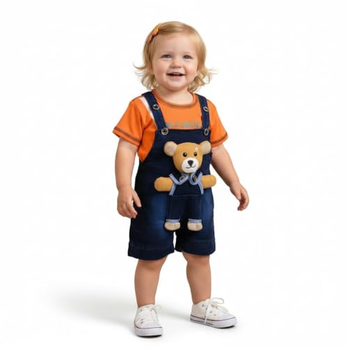 Image of A.T.U.N. (ALL THINGS UBER NICE) Baby Girls Cotton Denim Dungaree Set with 3D Teddy Bear Design |Printed T-Shirt with Adjustable Straps | Stylish & Comfortable Daily Outfit for Baby Unisex