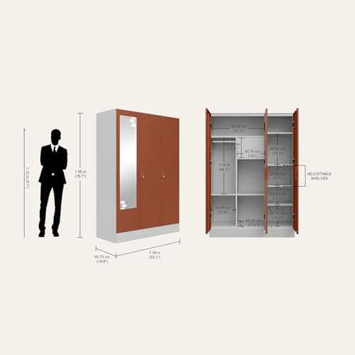 Image of Interio by Godrej Slimline 3-Door Steel Almirah with Star Mirror (Baked Clay), 1-Year Warranty, 1 Locker