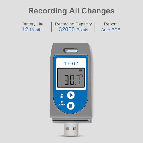 ThermElc TE‑02 Pro USB Digitaler Temperatur Datenlogger, Wiederverwendbarer EN12830-konformer Rekorder für die Kühlkettenlogistik, PDF/CSV-Erstellung (keine Software erforderlich), 32.000 Messpunkte