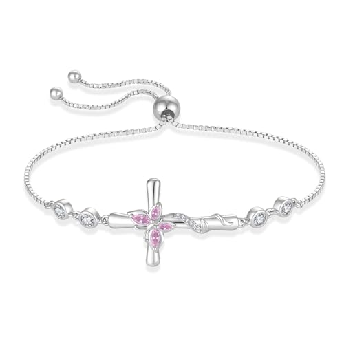 Cross Bracelet for Women 925 Sterling Silver Adjustable Butterfly Bracelet Birthstone Jewelry for Women