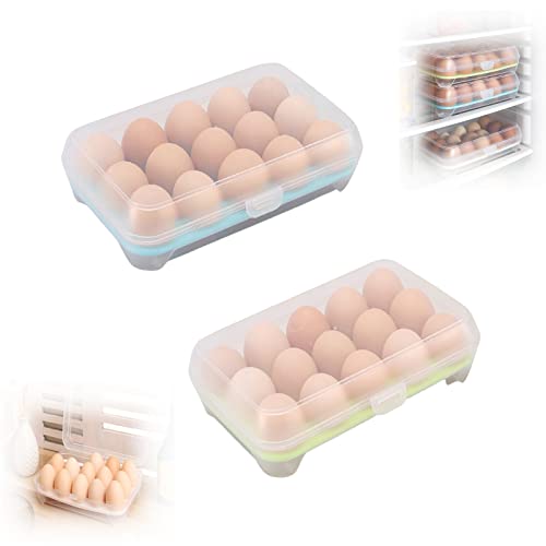 2 Pcs Hueveras de Plastico, Contenedor de Huevos, Cajas de Almacenamiento de Huevos, Hueveras para Frigorifico, Huevera con Tapa Para 15 Huevos, Apilable, Fácil de Limpiar, de Plástico, Portátil Cover