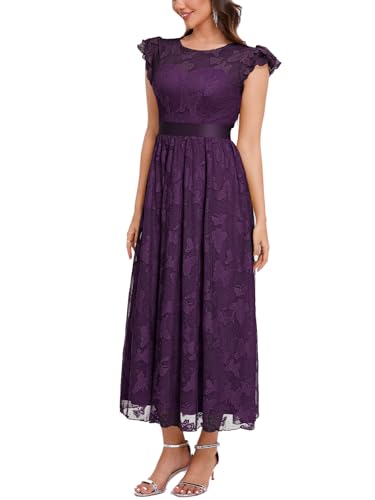 Image of Women's Casual Tulle Midi Dress Ruffle Sleeve Crewneck Lace Flowy Dresses Party Wedding Guest Sundress