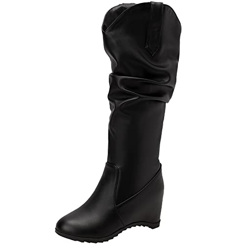 Cocey Botas altas de tacón de cuña para mujer Slip-On Western Botas largas en blanco y negro, Negro , 37 EU