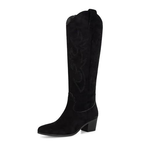 Image of STALOV Cowboy Boots for Women Pull On Chunky Heel Boots Knee High Cowgirl Boots Western Pointed Toe Boots Embroidered Suede Boots