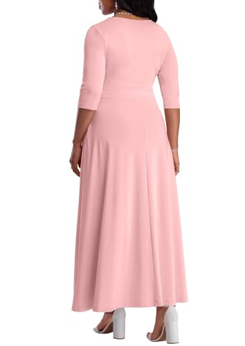Image of FANDEE Fit-and-Flare Maxi Dress Round Neck Pleated Front Side Pockets | Front pleats soft flatter your bust shape; Empire Waist lengthen your figure; 3 /4 sleeves round neck suit for many occasions