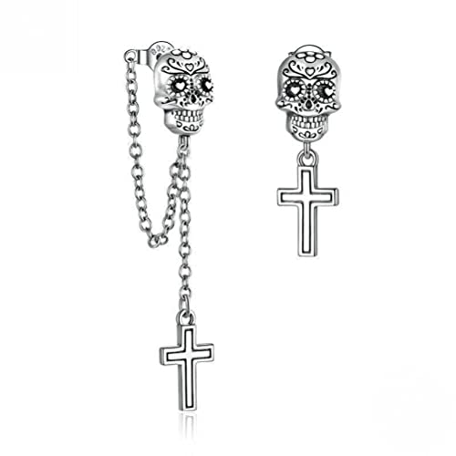 SIWAN Boucles D'Oreilles Tête de Mort Et Croix en Argent 925 Hommes Et Femmes Boucles D'Oreilles Asymétriques Pompon Halloween Accessoires D'Oreille D'Été Pour Femmesargent, 925 argent