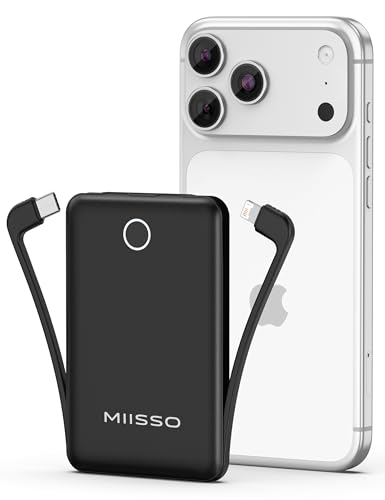 miisso 10000mAh Mini Portable Charger with Built in Cable, Pocket Size Power Bank Travel External Battery Pack for Phone, 3 Output USB Type C Cord Clutch Compatible with iPhone, Samsung, Black miisso 10000mAh Mini Portable Charger with Built in Cable, Pocket Size Power Bank Travel External Battery Pack for Phone, 3 Output USB Type C Cord Clutch Compatible with iPhone, Samsung, Black