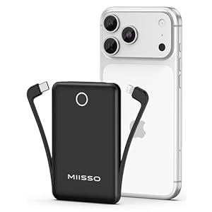 miisso 10000mAh Mini Portable Charger with Built in Cable, Pocket Size Power Bank Travel External Battery Pack for Phone, 3 Output USB Type C Cord Clutch Compatible with iPhone, Samsung, Black