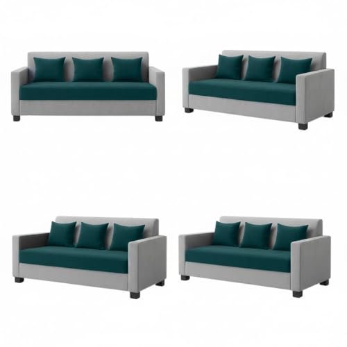 Image of FURNY Lexon 5 Seater Fabric 3+2 Sofa Set (Greenish Teal-Light Grey) Premium Velvet Finish | Durable & Comfortable | Ideal for Office & Living Room