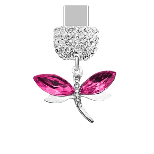 Tapón antipolvo tipo C de cristal rosa intenso con diseño de libélula para móviles Android