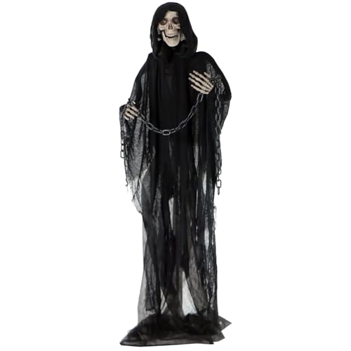 Haunted Hill Farm Life-Size Scary Grim Reaper with Chain Halloween Animatronic with Touch Activated Lights and Sounds Battery Operated Indoor or Covered Outdoor Halloween Decorations Halloween Prop