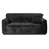 Teynewer Thick Velvet Sofa Covers 1 2 3 4 Seater High Stretch Non-Slip Couch Cover Elastic Furniture Protector Plush Sofa Slipcovers with 1 pillowcase for Living Room Dogs Cat Pet (2 Seater, Black)