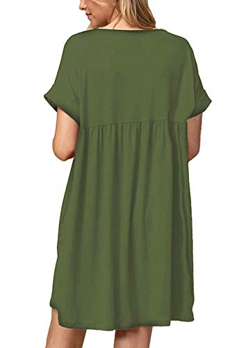 Jayscreate Women's Baby Doll Dress Summer Casual Tunic Pleated Flowy Swing Short Sleeve Green V Neck Mini Dress With Pockets Loose Fit #TOP1