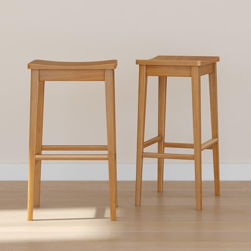 Plank+Beam Smythe Bar Stool, Set of 2, 30', Sturdy Wood Modern Kitchen Bar Height Stool, Saddle Seat Backless Bar Chair, Metal Footrest, Pecan