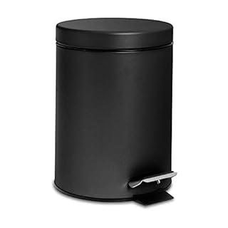 Harbour Housewares 3L Bathroom Bin - Matte Black - Round Stainless Steel Pedal Bin Slim Kitchen Rubbish Trash Can Garbage Dustbin with Lid and Inner Bin Liner Bucket