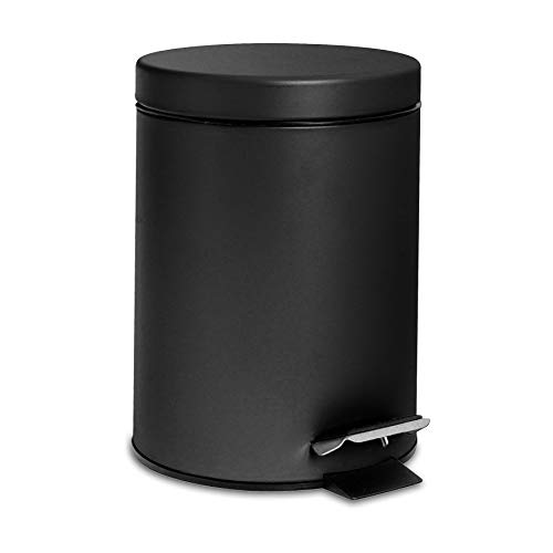 Harbour Housewares 3L Bathroom Bin - Matte Black - Round Stainless Steel Pedal Bin Slim Kitchen Rubbish Trash Can Garbage Dustbin with Lid and Inner Bin Liner Bucket