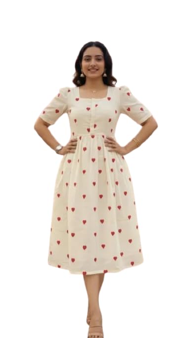 Women's Heart Print Puff Sleeve Midi Dress | Stylish Mid-Length Casual Dress with Romantic Heart Pattern & Flattering Silhouette-picture-19