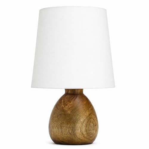 Image of Wooden Bedside Table Lamp with Fabric Shade, Warm Ambient Light, Handmade Mango Wood Base, Rustic Farmhouse Design, Cute Dowel, 15 x 15 x 25 cm (White)