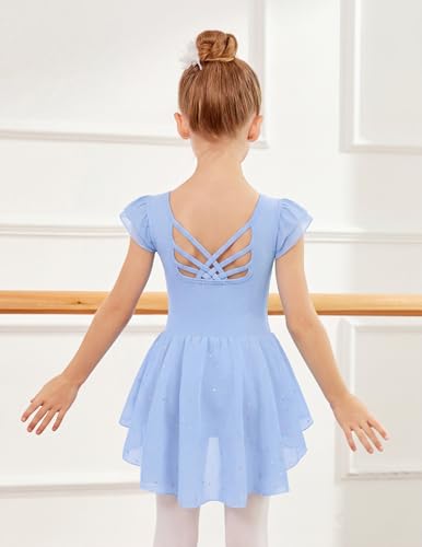 Image of Arshiner Girls Shiny Ruffle Sleeve Ballet Leotard with Skirt Criss-Cross Back Dance Dresses