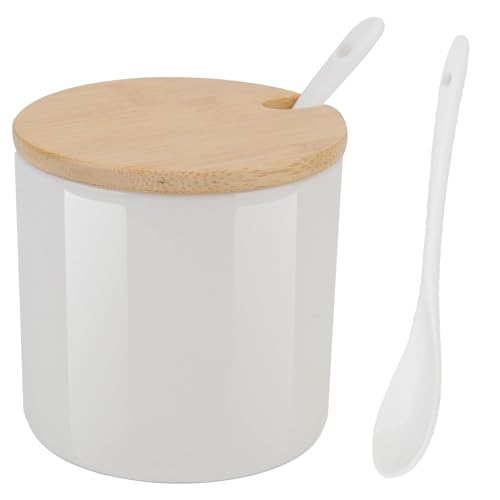 Yhuasia Salero y Azucarero Modernos, Tarros Sazonadores de Cerámica Con Cucharas y Tapas de Bambú para Guardar Azúcar, Sal (Blanco)