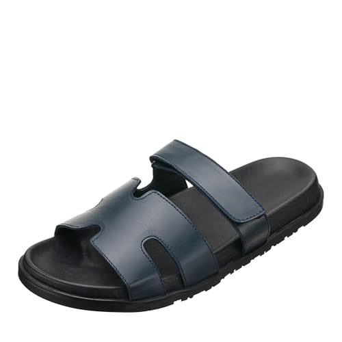 DALGALA Men's Navy Blue Calfskin Big Size Wide Fit Hook and Loop Sandals Summer Shoes
